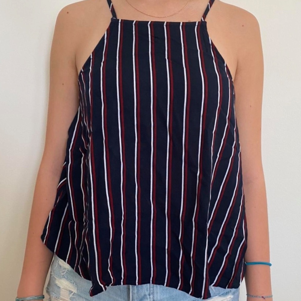 Hollister High Neck Navy Red Striped Adjustable Straps Tank Size Medium